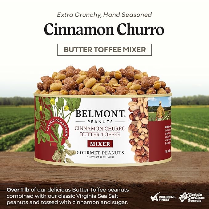 Belmont Peanuts Gourmet Cinnamon Churro Butter Toffee Mixer with Cinnamon-Coated Sea Salt and Butter Toffee Virginia Peanuts 18 oz (1 Pack) – Simple Ingredients No Preservatives Hand Seasoned