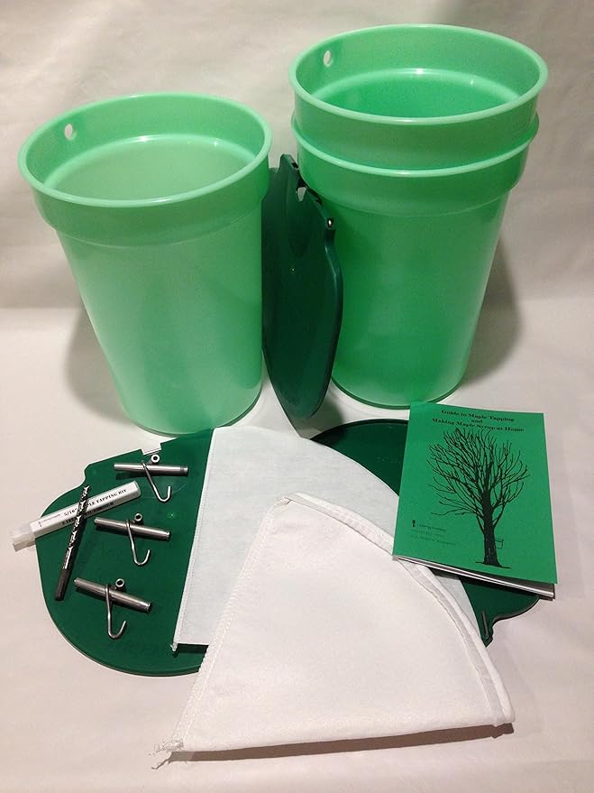 Premium Maple Syrup Kit - 3 Buckets w/Lids 3 Stainless Taps Tapping Bit 2 Filters &amp Guide to Maple Sugaring