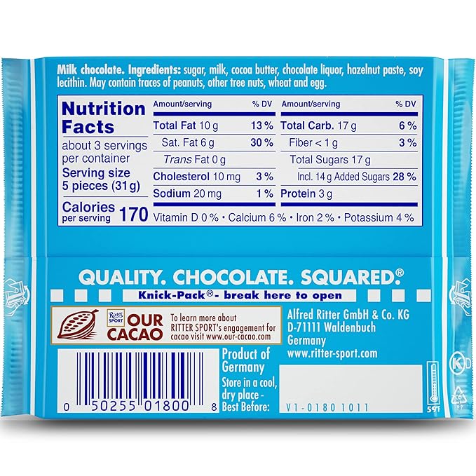 Ritter Sport Alpine Milk Chocolate 3.5 Ounce Bar 12 Pack 100% certified Sustainable Cocoa