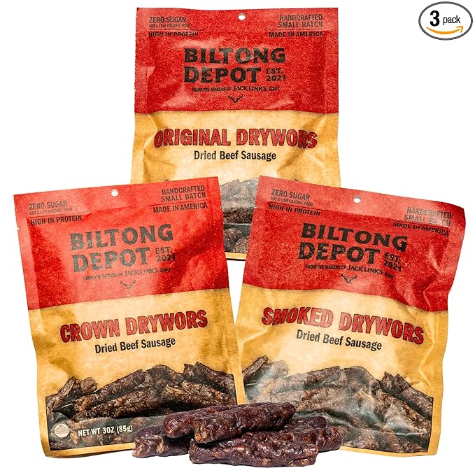 Biltong Depot Drywors Variety Pack – Original Smoked &amp Crown | 3oz Bags (3 Pack) | Air-Dried Beef Snack Sticks | High Protein | Keto &amp Paleo Friendly | Zero Sugar | Gluten Free