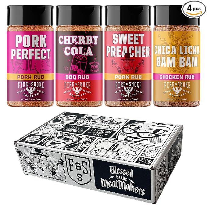 Fire &amp Smoke Society Barbecue &amp Grilling Variety Pack | BBQ Seasonings and Rubs for Smoking | Gifts for Him Father's Day Gifts for Dad | Large Spices Bbq Spice Kit (4-Pack)