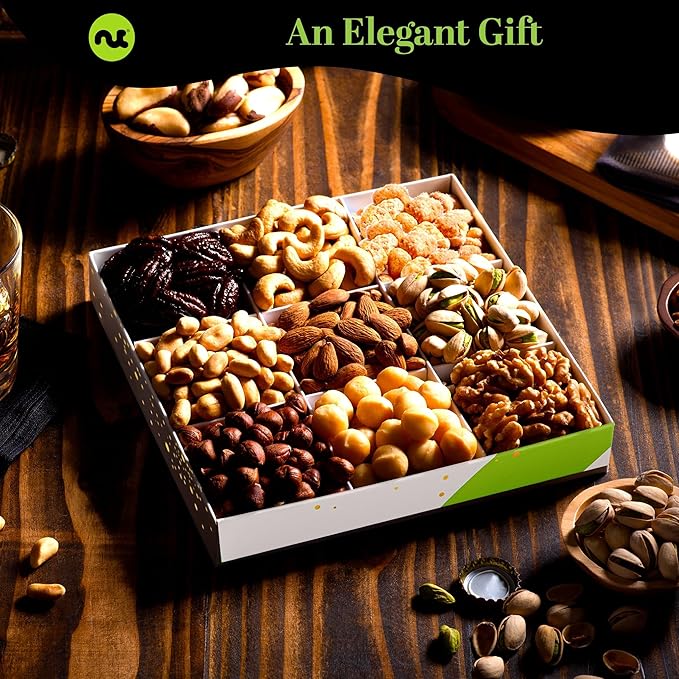NUT CRAVINGS - Easter Mixed Nuts Gift Basket in White Gold Box (9 Assortments) Ramadan Gifts Saint Patrick's Day Treats for Adults Food Arrangement Healthy Snack Care Package Kosher