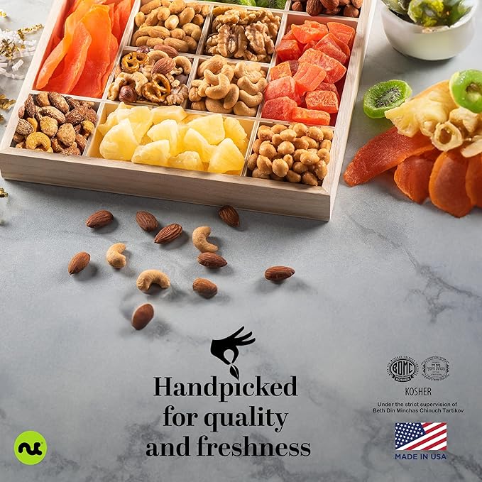 NUT CRAVINGS - Easter Dried Fruit &amp Mixed Nuts Gift Basket in Reusable Wooden Tray + Ribbon (12 Assortments) Ramadan Gifts Saint Patrick's Day Food Arrangement Healthy Snack Care Package Kosher