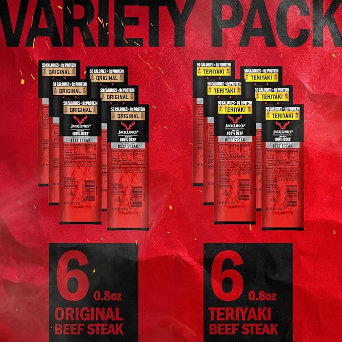 Jack Link's Beef Steak Original and Teriyaki - Protein Snacks Meat Snack Good Source of Protein Made with 100% Beef Individually Wrapped Bulk Snack Pack - 0.8 Oz. (12 Count)