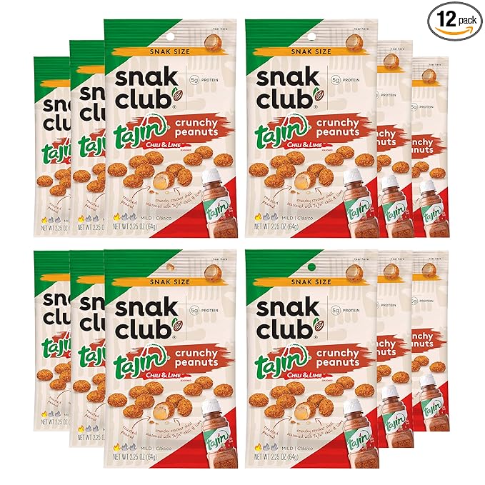 Snak Club Tajin Crunchy Peanuts Nuts with Chili and Lime Seasoning Mild 2.25 oz Snack Bags 12 Pack