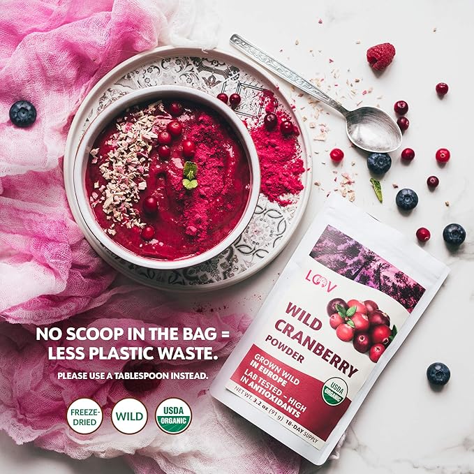Organic Freeze-Dried Cranberry Powder – Pure 100% Natural Wild Whole Fruit Certified Organic from Nordic Forests – Non-GMO No Added Sugar – 3.2oz (18 Servings)