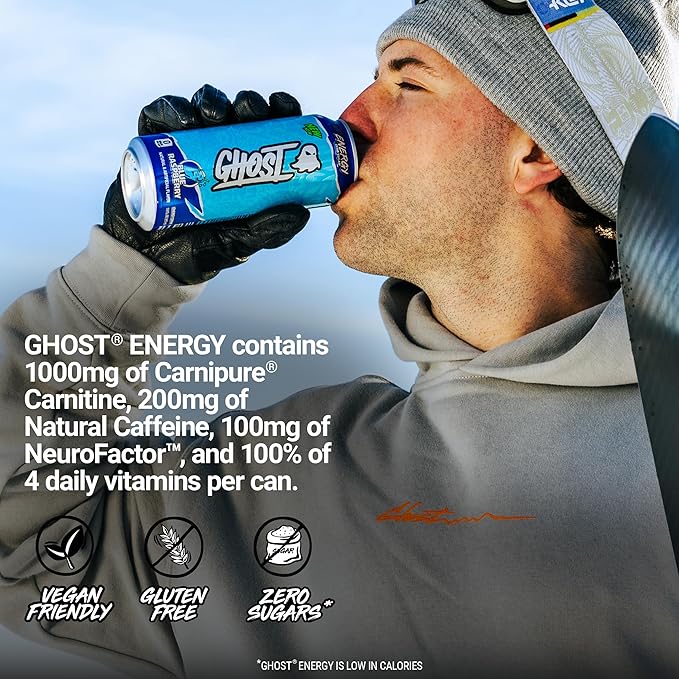 GHOST Energy Drink - 12-Pack Blue Raspberry 16oz Cans - Energy &amp Focus &amp No Artificial Colors - 200mg of Natural Caffeine L-Carnitine &amp Taurine - Gluten-Free &amp Vegan