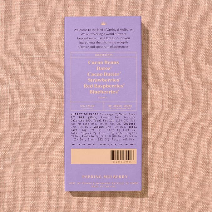 Spring &amp Mulberry Dark Chocolate Bars – Healthy Dark Chocolate Date-Sweetened - Mixed Berry 6 Pack