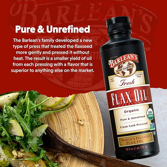 Barlean's Organic Flaxseed Oil Liquid from Fresh Cold Pressed Flax Seeds 7640mg ALA Omega 3 Fatty Acid Supplement for Healthy Hair and Skin Vegan and Gluten Free 16 oz