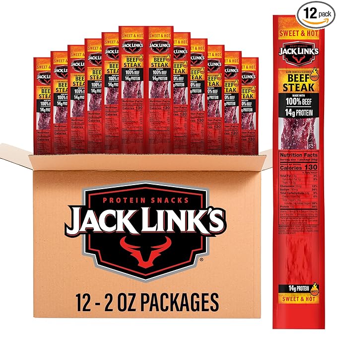 Jack Link's Beef Steak Sweet &amp Hot - Protein Snacks Meat Snack with 14g of Protein Made with 100% Beef Individually Wrapped Bulk Snack Pack - 2 Oz. (12 Count)