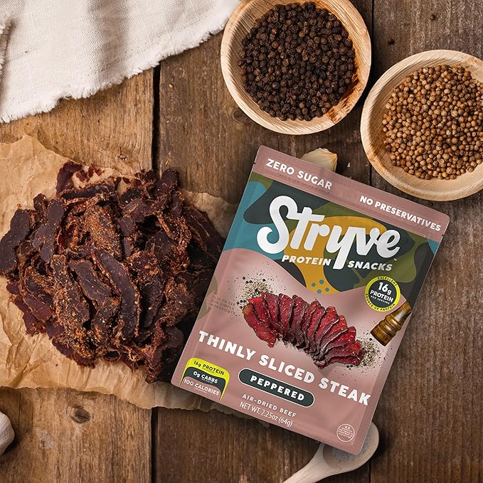 Stryve - Better Than Jerky Steak Snacks Protein Rich Beef Biltong | 36g Protein Sugar Free Carbs Free Gluten Free Dairy Free Keto &amp Paleo Friendly | Peppered Pack Of 4
