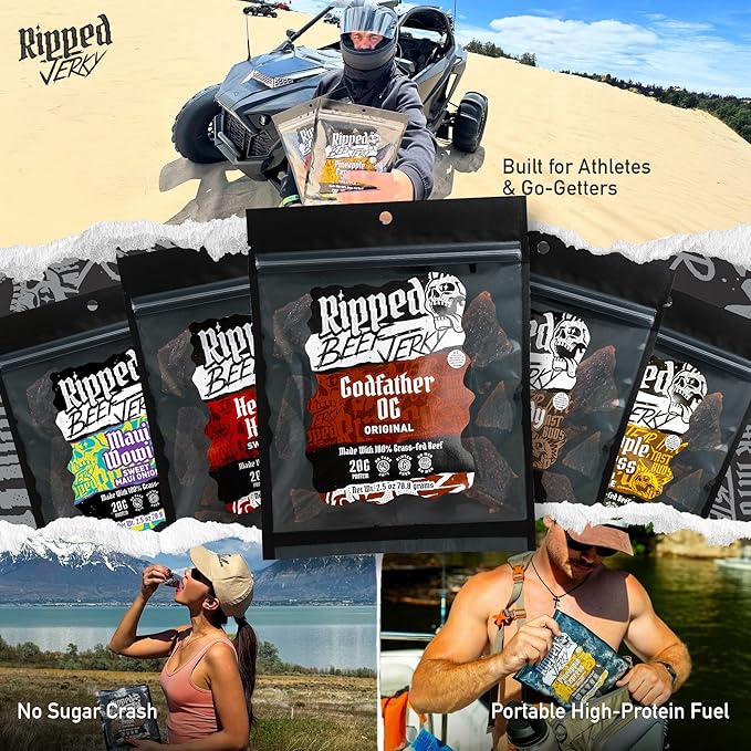 Ripped Beef Jerky - 100% Grass Fed Beef 20g Protein Real Ingredients Gluten Free No MSG Made in USA (2.5 Ounce (Pack of 5) Variety Pack)
