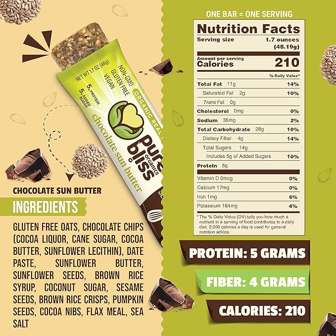 Organic Real Food Bar (Chocolate Sun Butter) Non-GMO Gluten Free Vegan Nutrition Bars Energy Bars Super Food Simple Ingredients Best Tasting Healthy Snack Breakfast Bars Dairy Free Soy Free