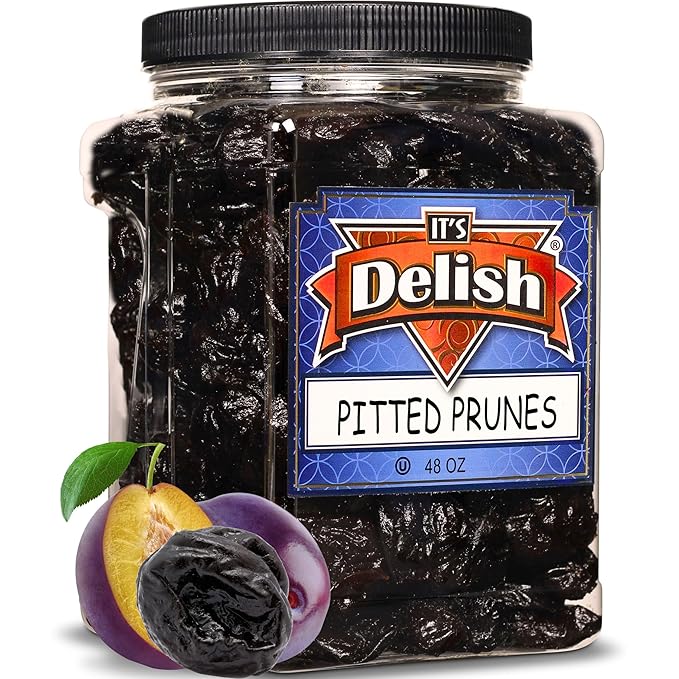 Dried Pitted Prunes Unsweetened by It's Delish 3 Lbs Jumbo Container | Naturally Sweet No Sugar Added High Fiber Dried Fruit Snack | Healthy Moist and Fresh Dry Plums | Vegan Kosher