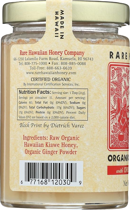 Rare Hawaiian Honey White With Hawaiian Ginger Organic 8 Ounce