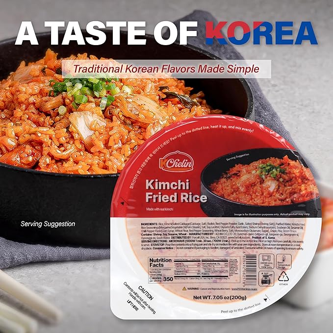 [KCHELIN] Microwaveable Korean Kimchi Fried Rice (Pack of 6) Korean Food Instant Quick &amp Delicious Shelf- Stable On-the-Go Meals 7.05 oz per Bowl