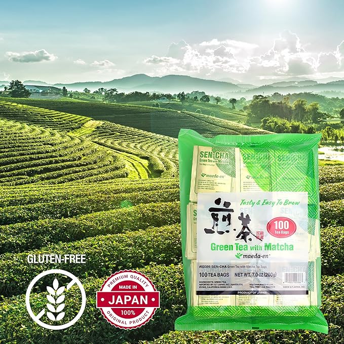 MAEDA-EN Sen-cha with Matcha Green 200 Tea Bags Powder Japanese Origin Green Tea Leaves Individually Wrapped Teabags 02386 2pk