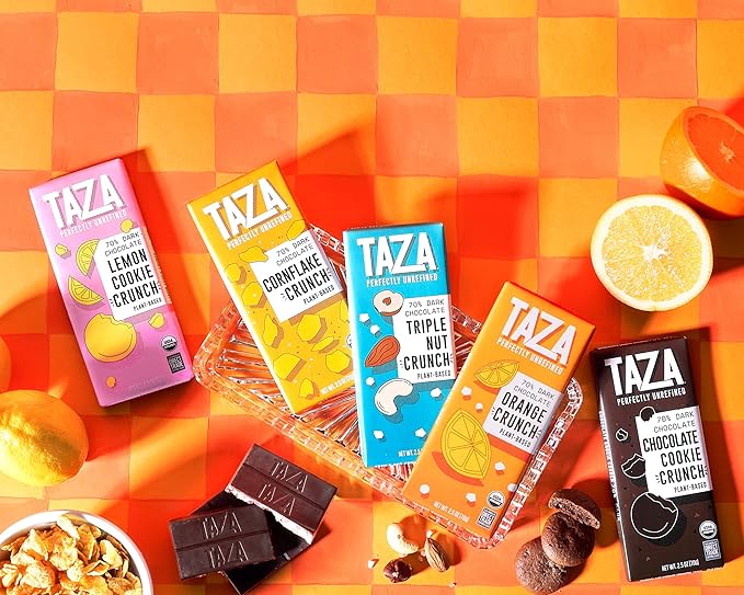 Taza Chocolate Organic Smooth &amp Crunchy Bars 70% Stone Ground Orange Crunch 2.5 Ounces (10 Count) Vegan