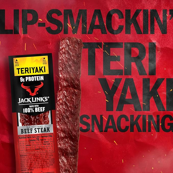 Jack Link's Beef Steak Teriyaki - Protein Snacks Meat Snack with 9g of Protein Made with 100% Beef Individually Wrapped Bulk Snack Pack Keto Friendly - 1 Oz. (12 Count)