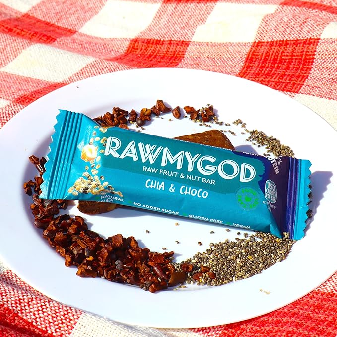 RAWMYGOD Fruit and Nut Bars Good Source of Protein (10g 25% protein content) Gluten Free Vegan No Added Sugar (16 bars Chia &amp Choco)