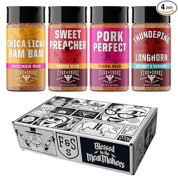 Fire &amp Smoke Society Flavor Core Variety Pack | BBQ Rubs and BBQ Seasonings for Smoking and Grilling | Father's Day Gifts for Dad | Large Spices Set (4-Pack)
