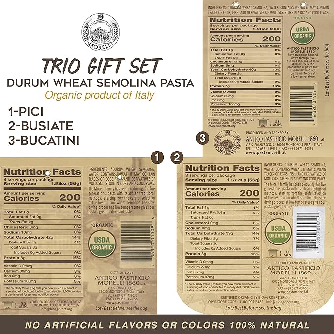 Morelli Busiate Pici and Bucatini Organic Pasta Variety Pack - Imported Italian Pasta Sampler - Specialty Assortment Includes Three-17.6 oz Packages of Gourmet Pasta from Italy