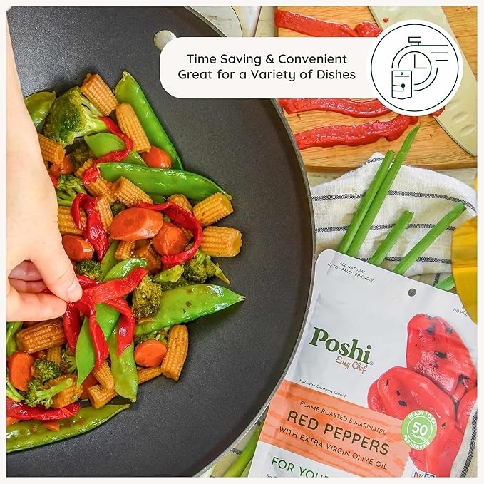 POSHI Flame Roasted Red Peppers in Extra Virgin Olive Oil Natural Keto Vegan Non GMO Low Carb + Calorie Gluten Free Ready to Eat Fully Cooked Vegetables Pentry Food Gourmet 6 Pack 5.4 oz