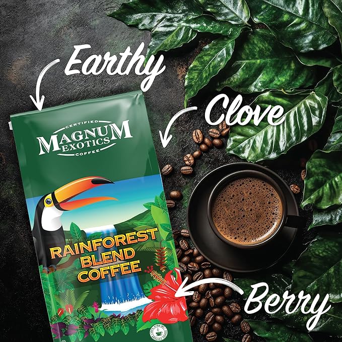 Magnum Exotics Rainforest Blend Whole Bean Coffee - Coffee Beans Medium Dark Roast Caffeinated Roasted Bulk Brew Rich &amp Smooth Flavor Fresh Roast - 32 oz (2 lb) Bag