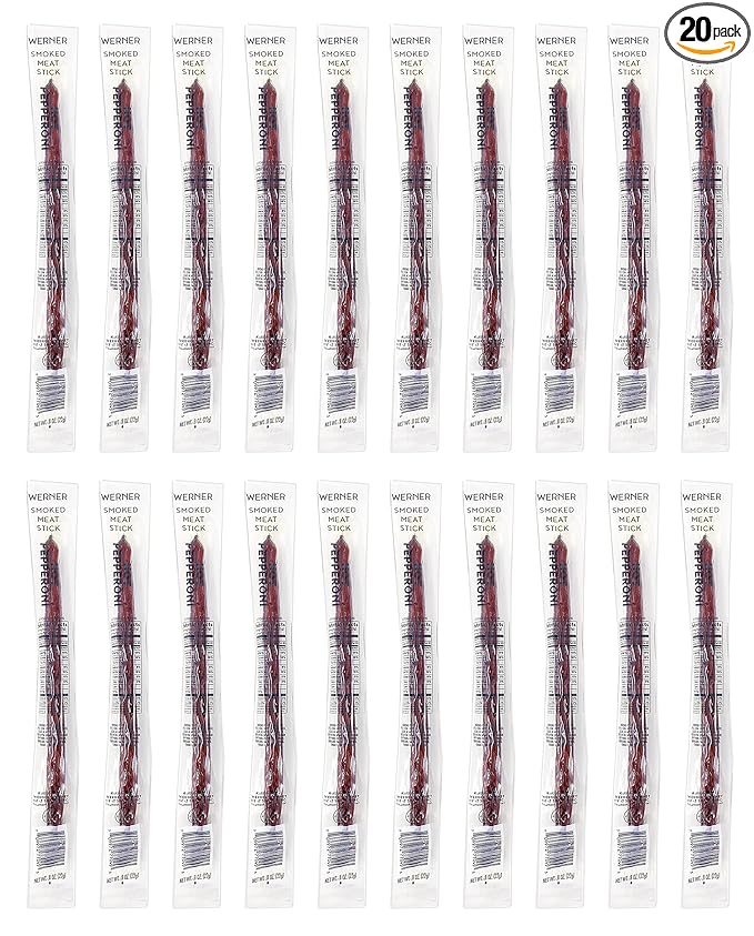 Werner Smoked Individually Wrapped Meat Sticks – 20 Count Meat Sticks 0.8 Ounces – Made in the USA Smoked Jerky Sticks (Hot Pepperoni)