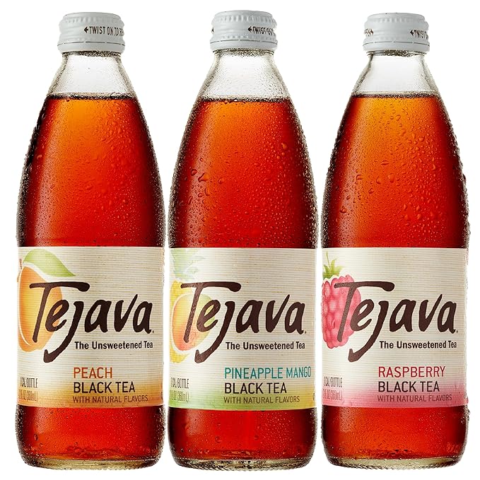 Tejava Black Tea Sampler 12 ounce (12-Pack) Glass Unsweetened Peach Raspberry and Pineapple-Mango Ready-to-Drink Premium Iced Tea