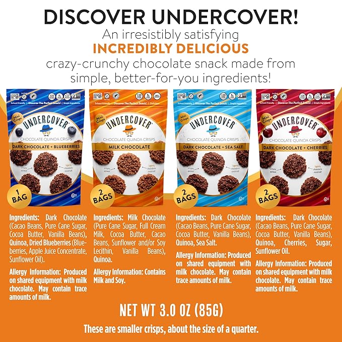 Undercover Snacks Chocolate Quinoa Crisps - Variety Sampler Pack | 7-Pack 3oz Bags of Mini Crisps | Gluten Free Nut-Free Allergen Friendly Kosher