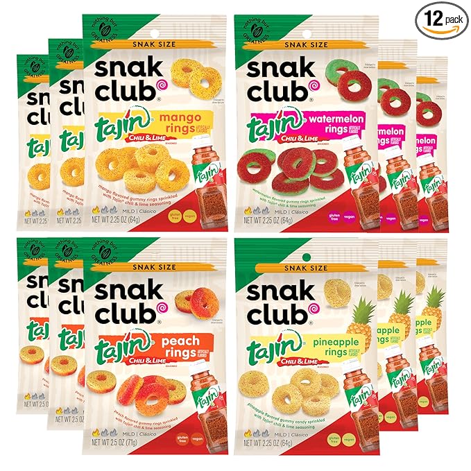 Snak Club Tajin Gummy Candy Fruit Rings Gummies with Chili and Lime Seasoning Mild Spice Gluten-Free and Vegan Snacks Assorted Variety Mango Pineapple Peach Watermelon Snack Size 12 Pack