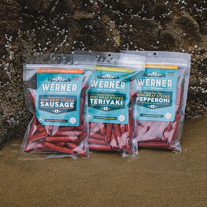 Werner Mini Sausage Sticks Pepperoni Sticks Teriyaki Meat Sticks Variety Pack of 3 – 12 Ounce Resealable Bag