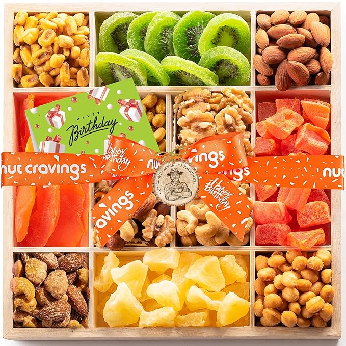 NUT CRAVINGS Gourmet Collection - Happy Birthday Treats Dried Fruit &amp Mixed Nuts Gift Basket with Bday Ribbon in Reusable Wooden Tray (12 Assortments) Food Arrangement Healthy Snack Food Assortm