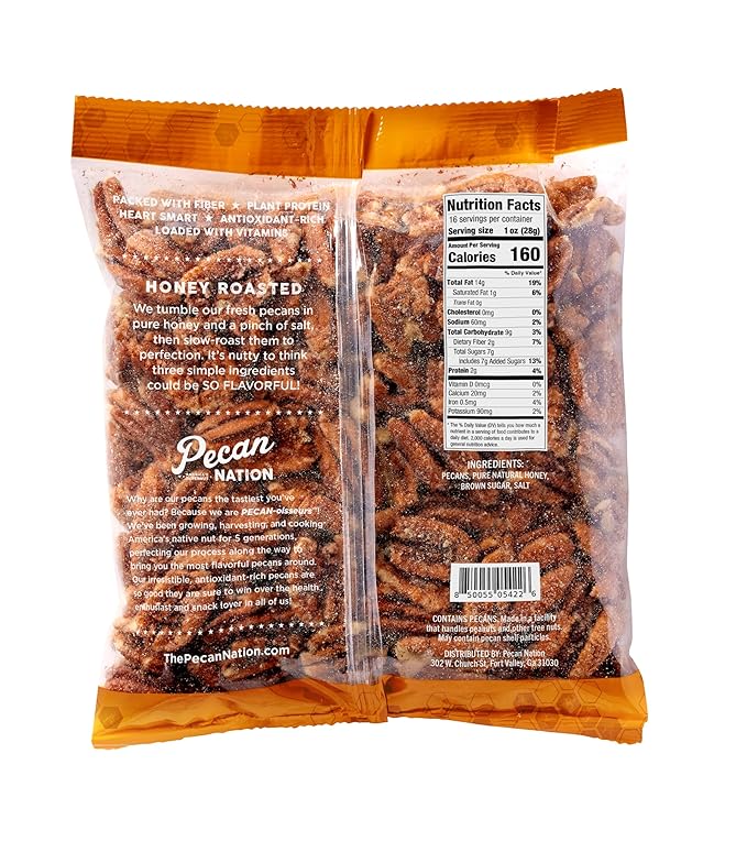 Pecan Nation Honey Roasted Georgia Pecans 32 oz. Natural No Preservatives Anti-oxidant Rich Non-GMO Irresistible Healthy Snacking Pecans for Adults and Kids