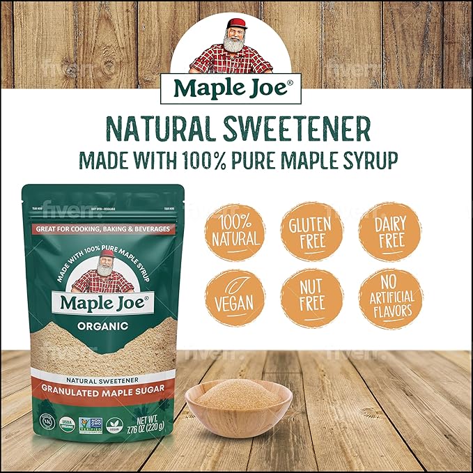 Maple Joe Pure Maple Sugar Granulated Made With 100% Grade A Maple Syrup. Powdered Maple Sugar For Cooking &amp Baking. White &amp Brown Sugar Substitute. Non-GMO Gluten Free &amp Vegan 7.8 oz /220