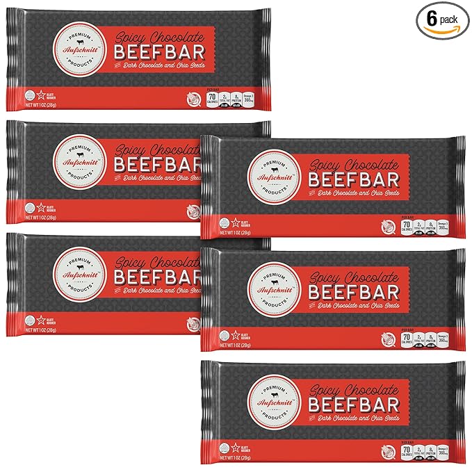 Aufschnitt Beef Bars - High Protein Snack with Grass Fed Beef - Kosher and Keto Friendly - Dark Chocolate and Chia Seeds 6 Count