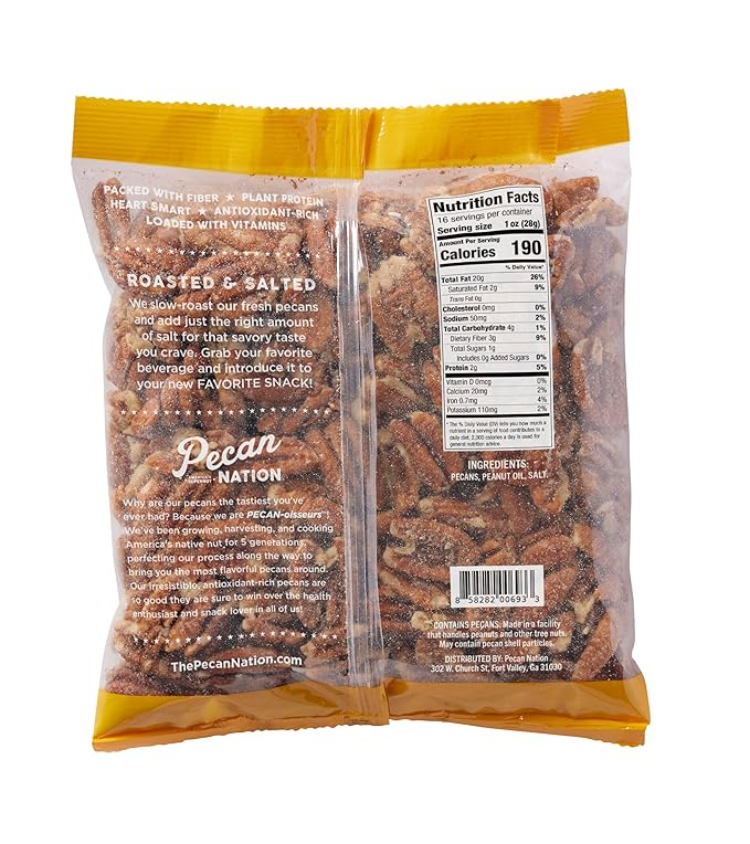 Pecan Nation Roasted &amp Salted Georgia Pecan Halves 16 oz. Natural No preservatives Antioxidant-Rich Low Carb Dry Roasted Healthy Nut Snack for Adults and Kids (2 Pack)