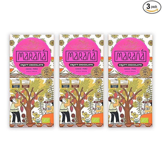 Maraná Chocolate Cusco 70% Dark Chocolate 3 Pack - Peruvian Chocolate - Premium Bean-to-Bar Direct Sourced Made at Origin Single Origin Woman Owned BIPOC Owned Organic Award Winning - Vegan S