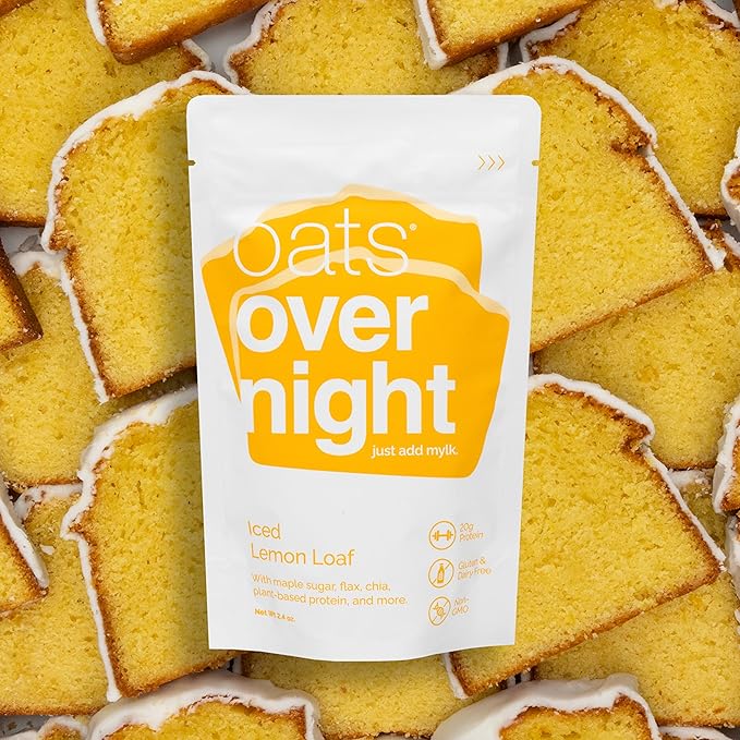 Oats Overnight Iced Lemon Loaf - Overnight Oats with 20g Plant-Based Protein High Fiber Breakfast Protein Shake - Vegan Gluten Free Oatmeal Non GMO High Protein Oatmeal (2.4 oz per Meal) (16 Pack)