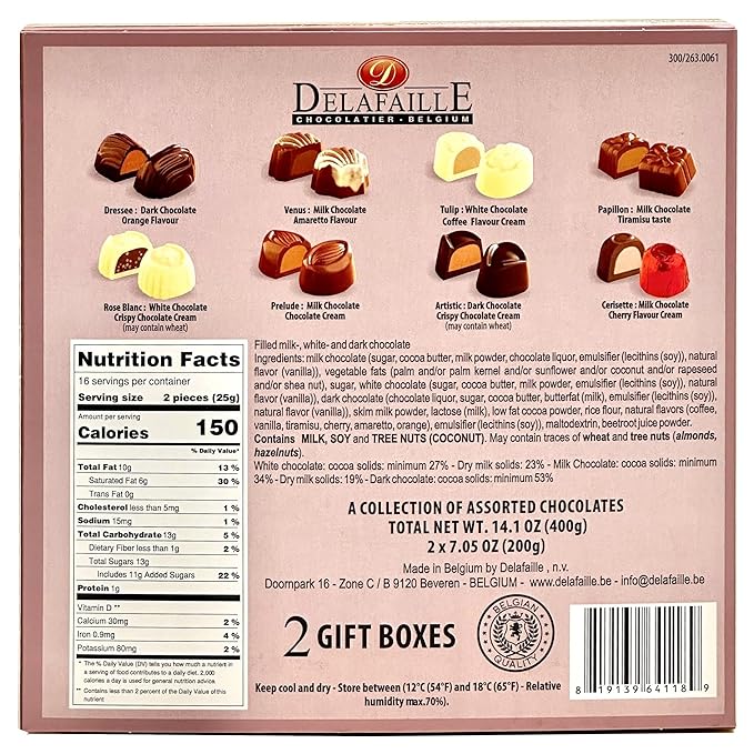 Delafaille Belgian Chocolates Assorted Pralines Gift Box Set Premium Milk Dark &amp White Chocolate Truffles 2 Pack 14.1 oz (400g)