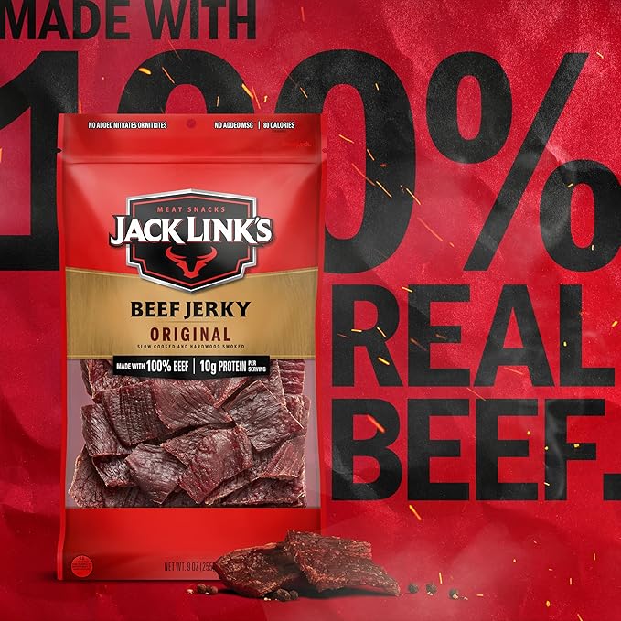 Jack Link's Beef Jerky Original Large Jerky Bags - Flavorful Meat Snacks Ready to Eat Protein Snacks with 10g of Protein per Serving Made with 100% Beef - 9 Oz. (Pack of 2)