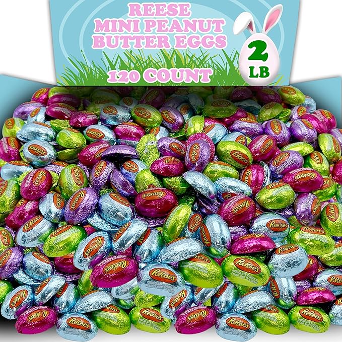 Reese Peanut Butter Eggs Bulk 2 Lb Mini Milk Chocolate Peanut Butter Half Eggs Candy Foil Wrapped in Pastel Spring Colors Great for Easter Baskets Egg Hunts