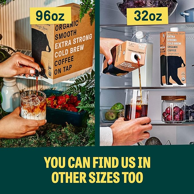 Wandering Bear Straight Black Organic Cold Brew Coffee On-the-Go - Extra Strong Bold Smooth Unsweetened Shelf-Stable Ready to Drink &amp Vegan 100% Organic Iced Cold Brewed Coffee Drink -11 fl