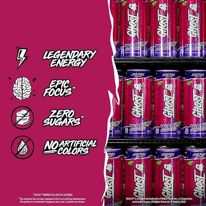 GHOST Energy Drink - 12-Pack Welch's Grape-Cran 16oz Cans - Energy &amp Focus &amp No Artificial Colors - 200mg of Natural Caffeine L-Carnitine &amp Taurine - Gluten-Free &amp Vegan