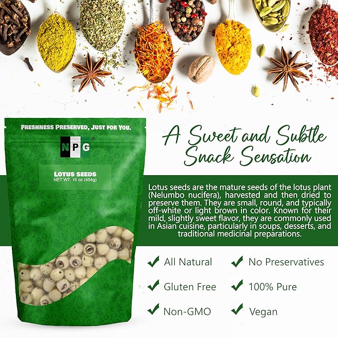 NPG Dried Lotus Seeds 16 Oz Uncooked White Phool Makhana Fox Nut Perfect for Lotus Seed Sweet Dessert Soup Paste and Porridge Good for Gut Health