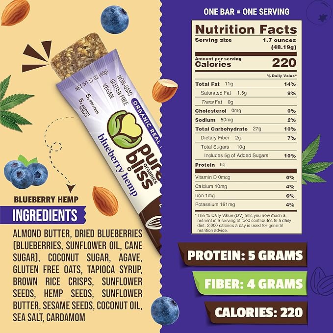 Organic Real Food Bar (Blueberry Hemp) Non-GMO Gluten Free Vegan Nutrition Bars Energy Bars Super Food Simple Ingredients Best Tasting Healthy Snack Breakfast Bars Dairy Free Soy Free Pure