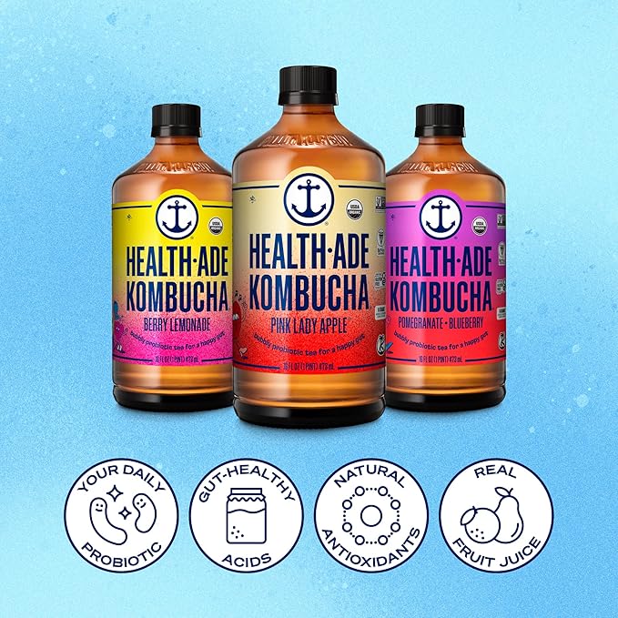 Health-Ade Fan Favorite Variety Pack Kombucha Tea Organic Drink with Living Probiotics Detoxifying Acids Supports Gut Health Non-GMO Vegan Gluten Free 12 Pack (16 Fl Oz Bottles)