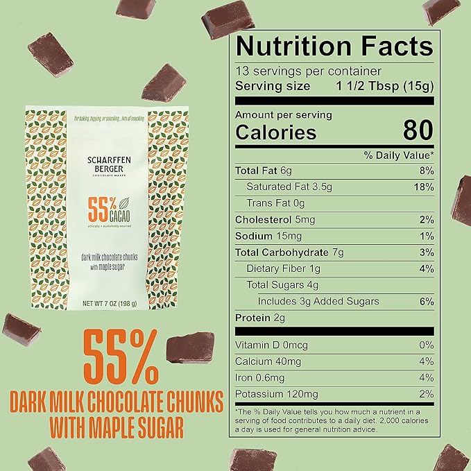 Scharffen Berger Baking Chocolate Chunks (7 Ounce Pack of 3) - Dark Milk Chocolate Chunks for Baking with Maple Sugar 55% Cacao Gluten Free Non GMO Natural Chocolates Individual Baking Chocolate