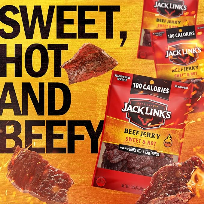 Jack Link's Sweet &amp Hot Beef Jerky - (10 Pack) 1.25 oz Bag - Ready to Eat Protein Snacks - 12g Protein per Serving - Made with 100% Real Beef